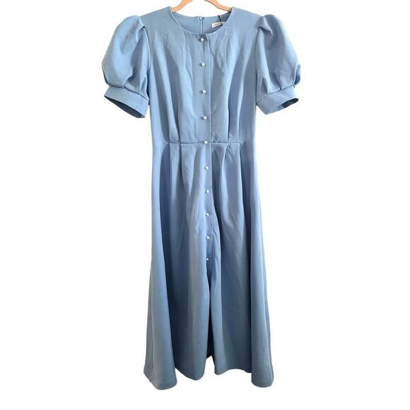 ELAGIA Sky-Blue Buttoned Puff-Sleeve Midi Dress Faux-Pearl Buttons - Large- NWT - Picture 2 of 6